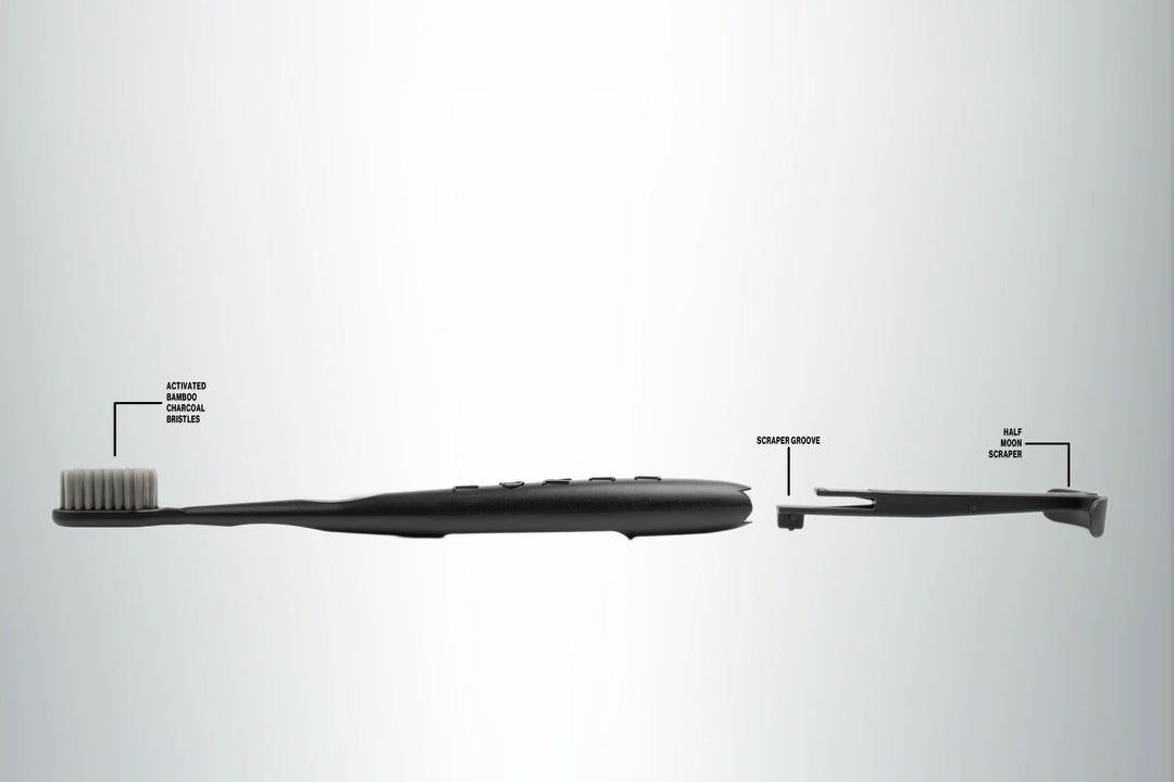 Tokii black toothbrush with attached tongue scraper