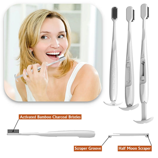 Tokii white toothbrush with attached tongue scraper