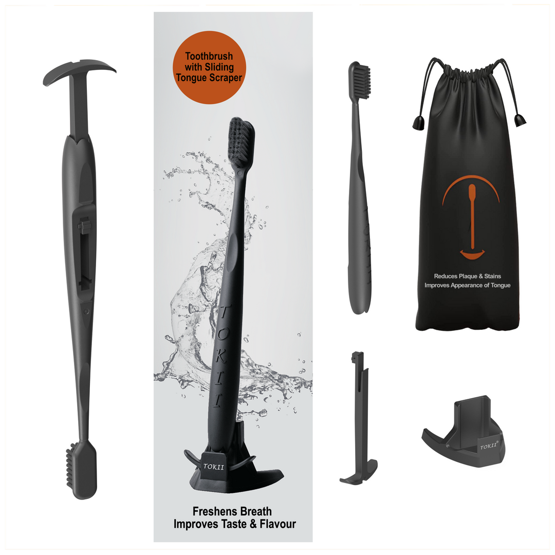 Tokii –  Toothbrush with attached Sliding Tongue Scraper