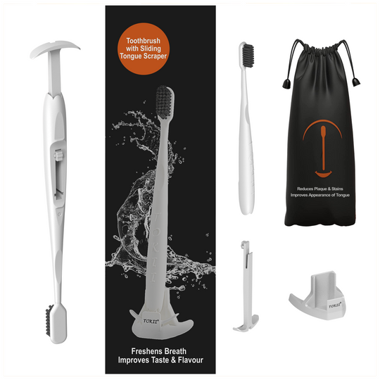 Tokii –  Toothbrush with attached Sliding Tongue Scraper