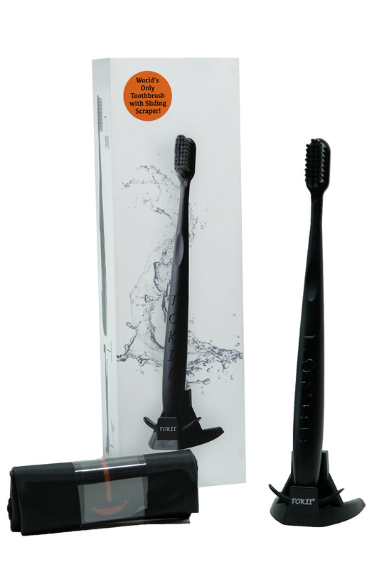 Tokii –  Toothbrush with attached Sliding Tongue Scraper[Black]