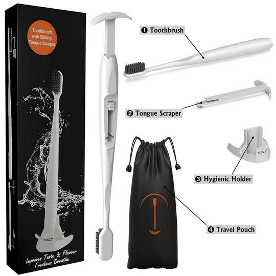Tokii –  Toothbrush with attached Sliding Tongue Scraper[White]